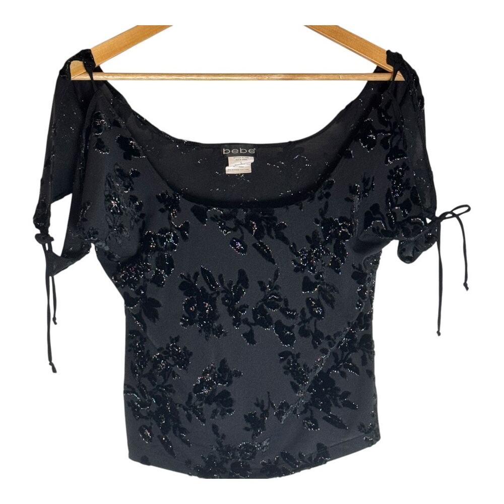 Vintage BeBe Women's Black Silver Floral off shoulder Crop Top Large Boho Goth